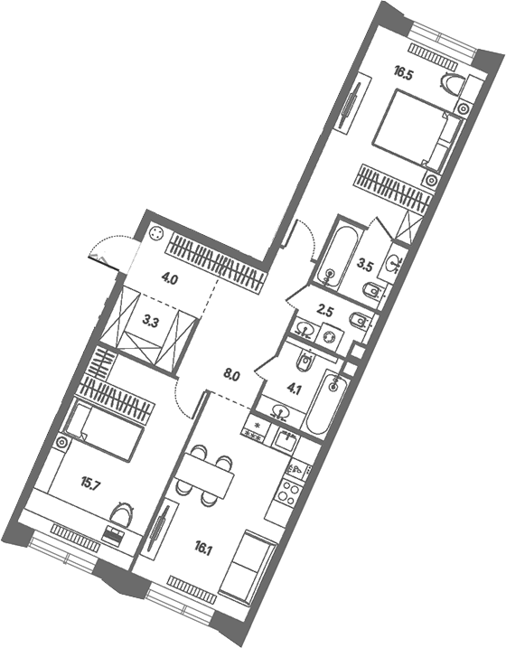 3-комн., 73.7 м², 3/7 этаж, ЖК «КОД Сокольники»
