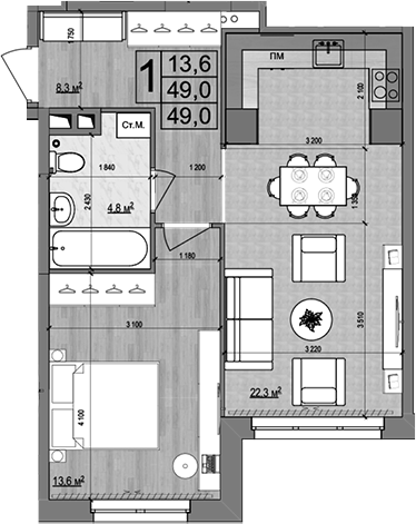 2-комн., 49 м², 3/18 этаж, ЖК «Гранд Комфорт»