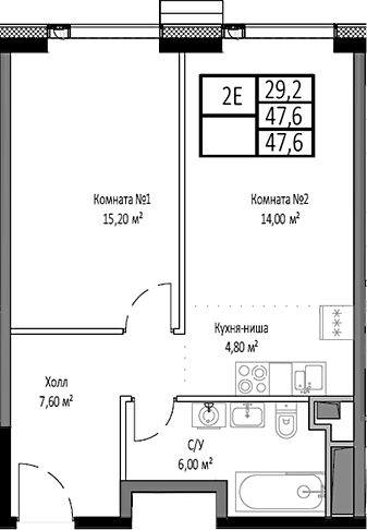 2-комн., 47.6 м², 26/35 этаж, ЖК «Мираполис»