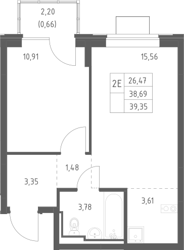 2-комн., 38.69 м², 12/12 этаж, ЖК «Богдановский лес»