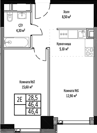 2-комн., 46.4 м², 23/35 этаж, ЖК «Мираполис»