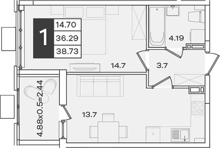 1-комн., 36.29 м², 9/18 этаж, ЖК «Сюжеты»