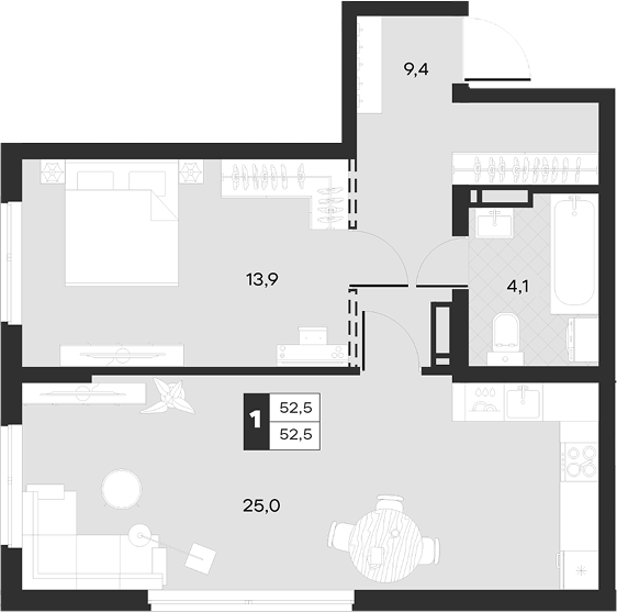 1-комн., 52.47 м², 14/17 этаж, ЖК «Луиджи»