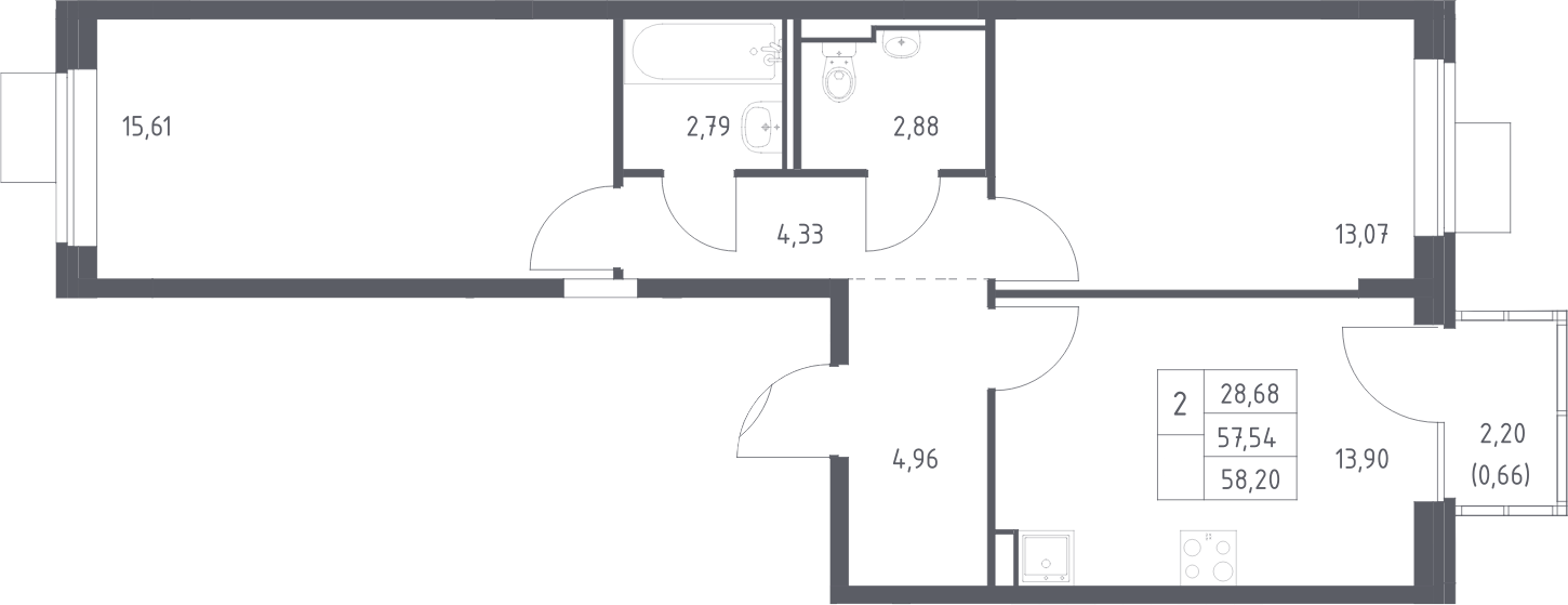 2-комн., 57.54 м², 5/7 этаж, ЖК «Молжаниново»