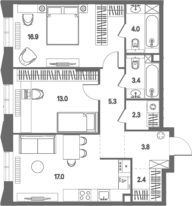 3-комн., 68.1 м², 2/12 этаж, ЖК «КОД Сокольники»