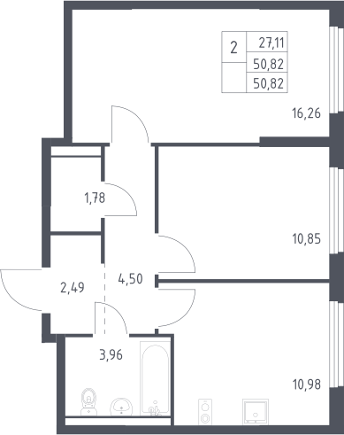 2-комн., 50.82 м², 12/17 этаж, ЖК «Пригород Лесное»