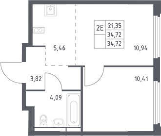 2-комн., 34.72 м², 13/16 этаж, ЖК «Космический Квартал»