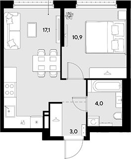 1-комн., 35 м², 17/18 этаж, ЖК «Грейд»