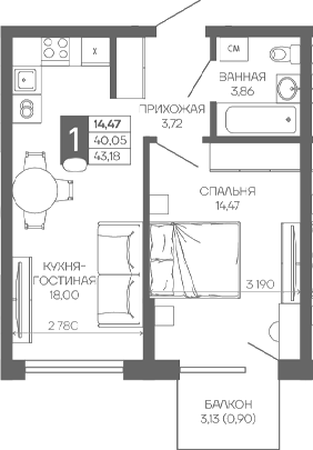 1-комн. квартира, 40.05 м² в ЖК Иначе в Молодежном — фото 2