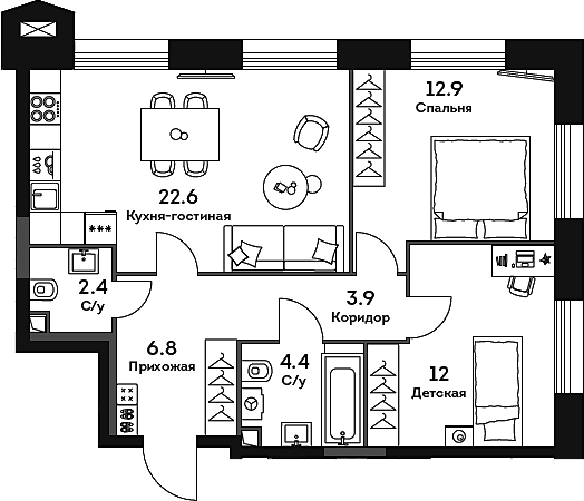 3-комн., 65 м², 14/32 этаж, ЖК «ЭРА»