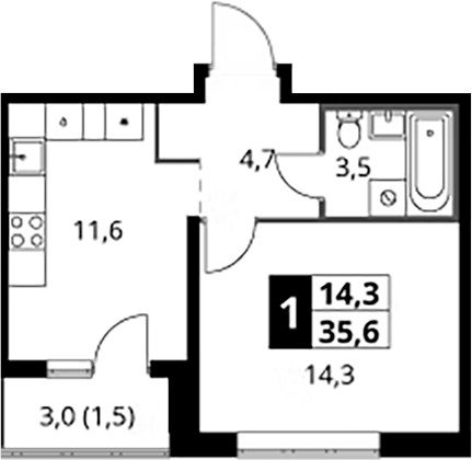 1-комн., 34.1 м², 2/24 этаж, ЖК «1-й Южный»