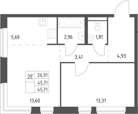 2-комн., 45.71 м², 7/12 этаж, ЖК «Новое Видное»