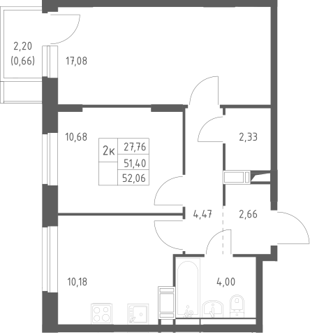 2-комн., 51.4 м², 5/12 этаж, ЖК «Пятницкие Луга»