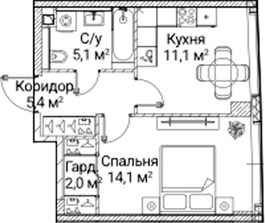 1-комн., 37.24 м², 11/41 этаж, ЖК «СЕЗАР БУДУЩЕЕ»