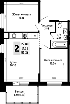 2-комн. квартира, 51.38 м² в ЖК Усадьба Гостагаевская — фото 2