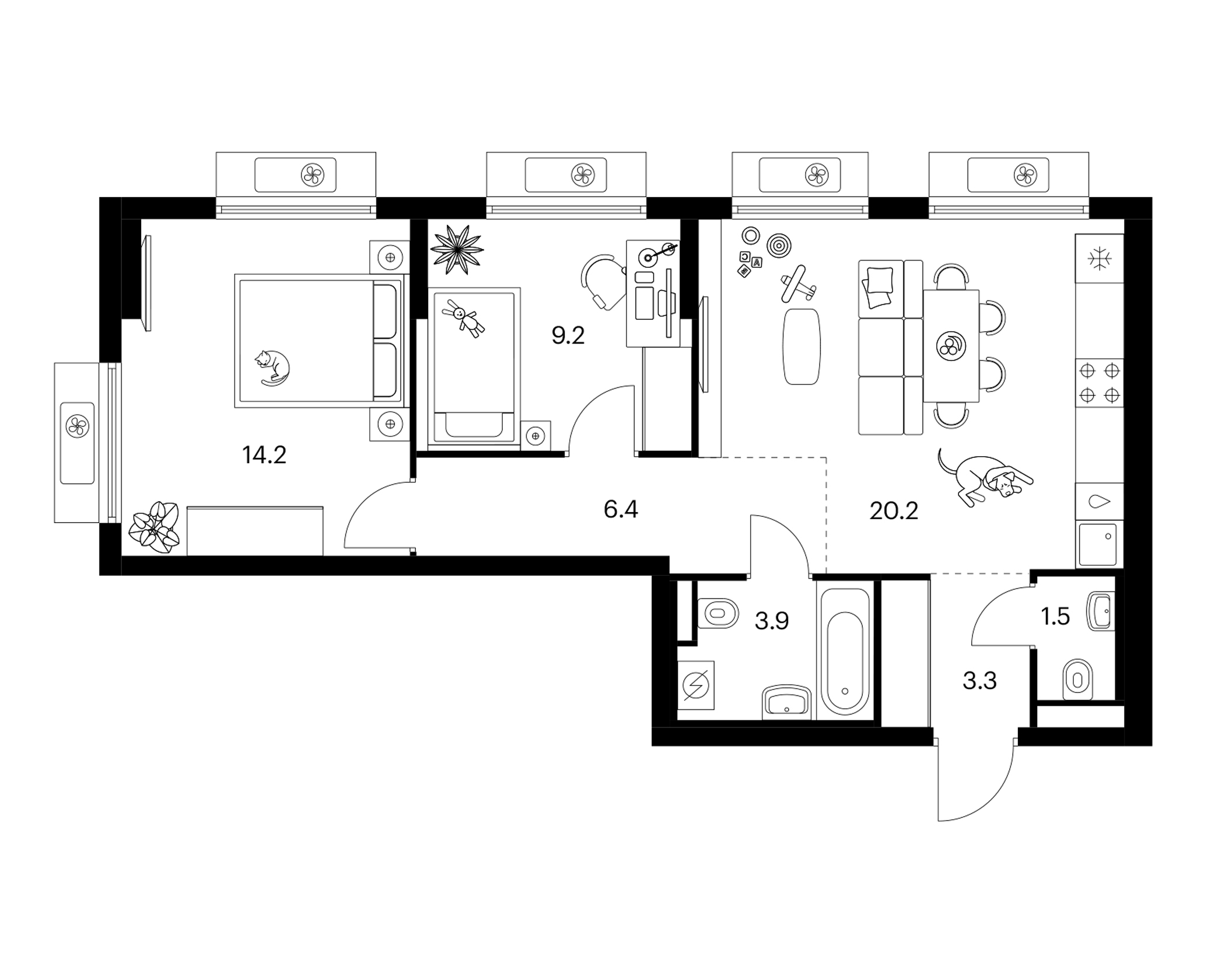 2-комн., 58.7 м², 8/11 этаж, ЖК «Белая Дача парк»