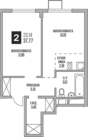 2-комн., 37.77 м², 3/14 этаж, ЖК «Гранель Аникеевский»