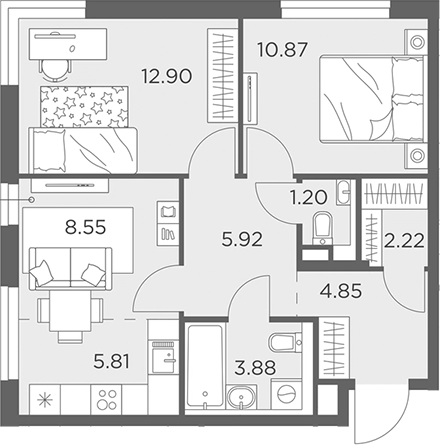 3-комн., 56.2 м², 20/23 этаж, ЖК «Одинград, квартал Семейный»