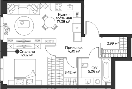 2-комн., 46.27 м², 6/27 этаж, ЖК «Гранд Фили»