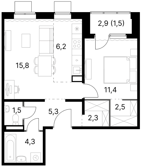 2-комн., 49.3 м², 12/17 этаж, ЖК «1-й Ясеневский»