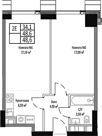 2-комн., 48.6 м², 6/35 этаж, ЖК «Мираполис»