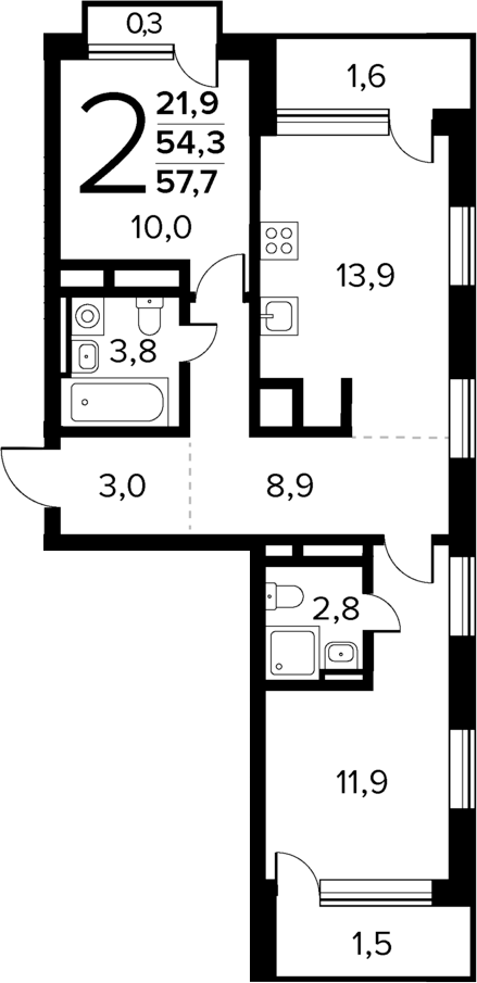 2-комн., 54.3 м², 13/14 этаж, ЖК «Новые Ватутинки Квартал у реки»