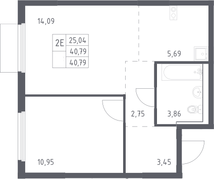 2-комн., 40.79 м², 13/17 этаж, ЖК «Пригород Лесное»