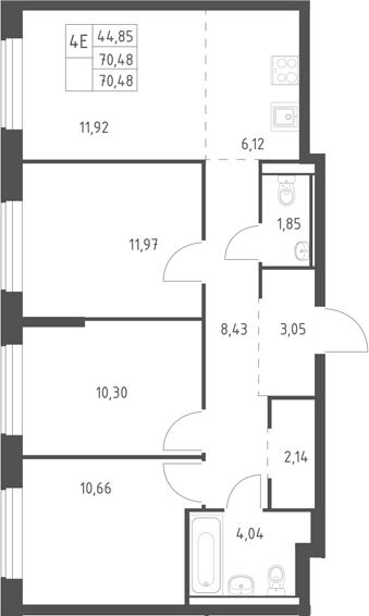 4+ комнаты, 70.48 м², 8/11 этаж, ЖК «Горки Парк»