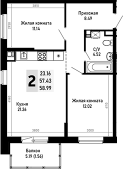 Продается 2-комн. квартира, 57.43 м²