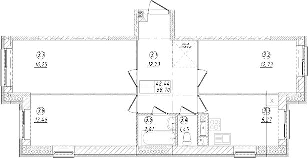 3-комн., 68.7 м², 5/9 этаж, ЖК «Юго-Западный квартал»