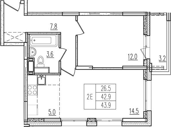 2-комн., 43.14 м², 9/9 этаж, ЖК «Пироговская ривьера. Мытищи»