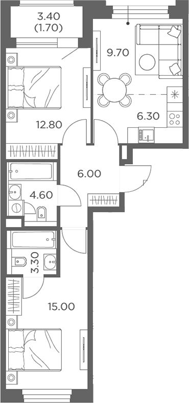 3-комн., 57.7 м², 16/23 этаж, ЖК «Белый Град»