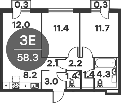 3-комн., 57.7 м², 6/6 этаж, ЖК «Равновесие»