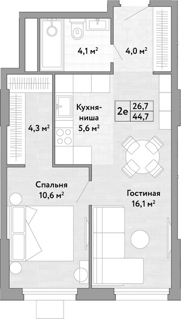 2-комн., 44.7 м², 17/17 этаж, ЖК «Новые Смыслы»