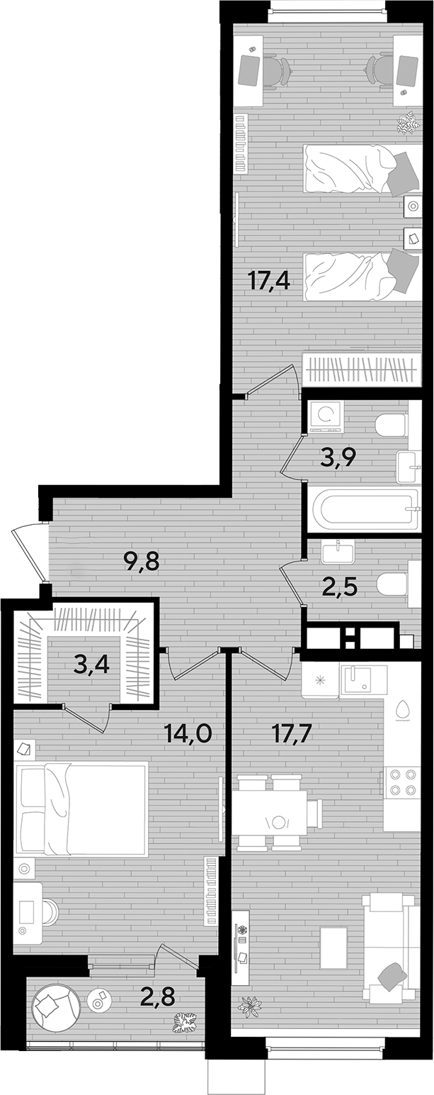 2-комн., 68.7 м², 13/16 этаж, ЖК «DОГМА ПАРК»