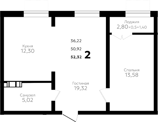 2-комн., 50.22 м², 15/16 этаж, ЖК «Твин парк»
