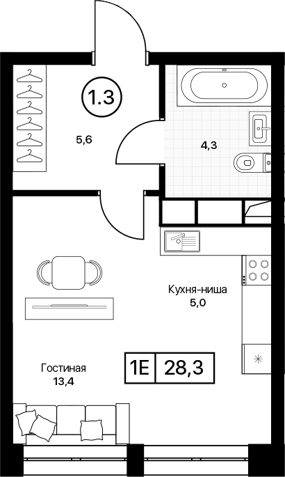 Студия, 28.3 м², 13/17 этаж, ЖК «Пушкино Град»