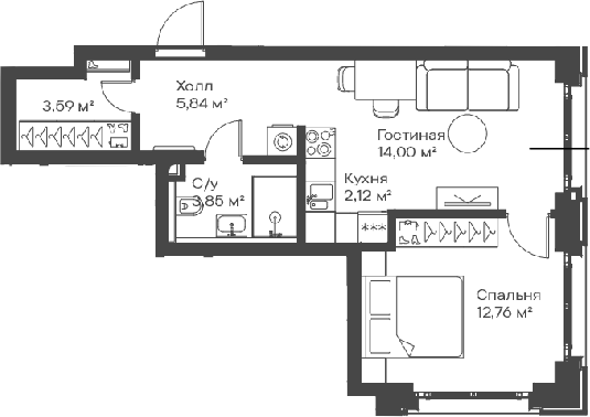 2-комн., 42.16 м², 9/15 этаж, ЖК «Сити Бэй»