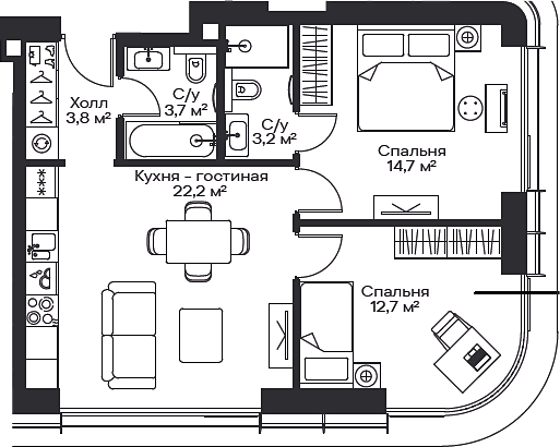 3-комн., 59.04 м², 4/54 этаж, ЖК «Сити Бэй»