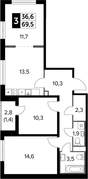 3-комн., 68.1 м², 10/24 этаж, ЖК «Южная Битца»