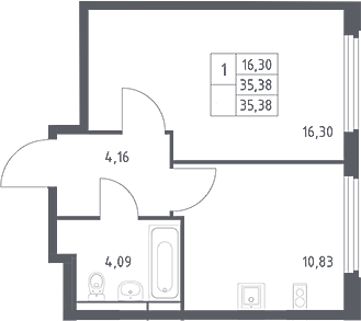 1-комн., 35.38 м², 13/16 этаж, ЖК «Космический Квартал»