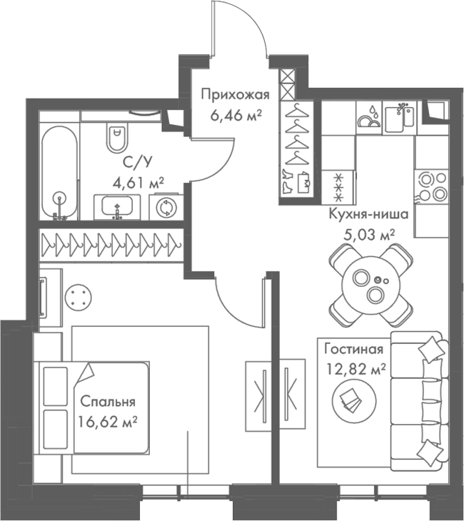 2-комн., 45.54 м², 10/23 этаж, ЖК «МИРА»