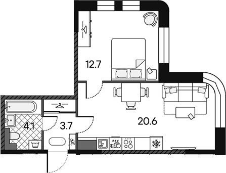 2-комн., 41.1 м², 2/12 этаж, ЖК «МАРК»