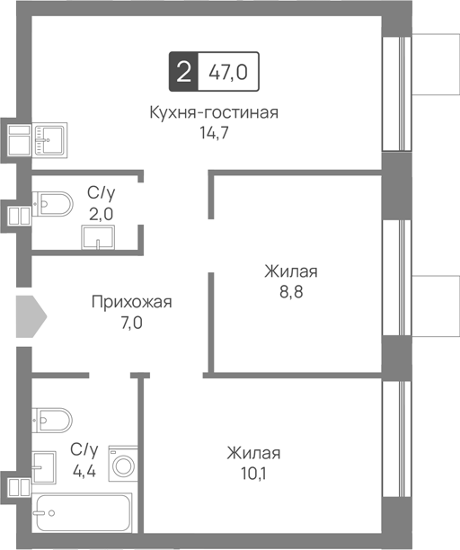 3-комн., 47 м², 4/9 этаж, ЖК «Лесная Отрада»