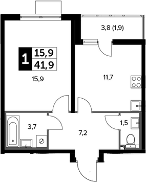 1-комн., 41 м², 7/20 этаж, ЖК «Южная Битца»
