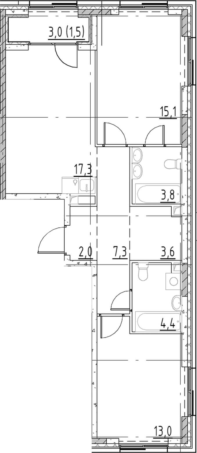 3-комн., 66.5 м², 12/19 этаж, ЖК «Шагал»