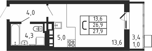 Студия, 26.9 м², 6/9 этаж, ЖК «Пироговская ривьера. Мытищи»