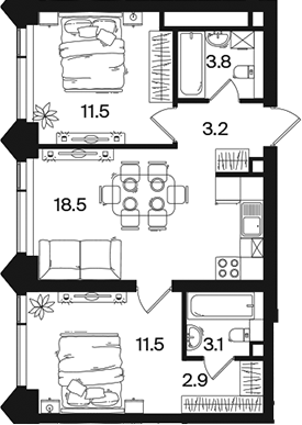 3-комн., 54.5 м², 37/44 этаж, ЖК «РАКУРС»