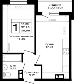 1-комн., 37.28 м², 9/16 этаж, ЖК «Горные высоты»