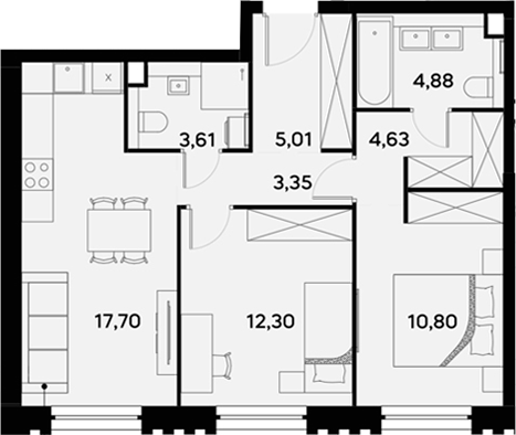 3-комн., 62.28 м², 32/52 этаж, ЖК «УЛЬТИМА Сити»